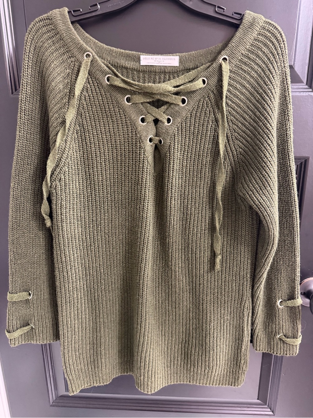Dress Me Up in California Olive Lace-Up Knit Sweater Small